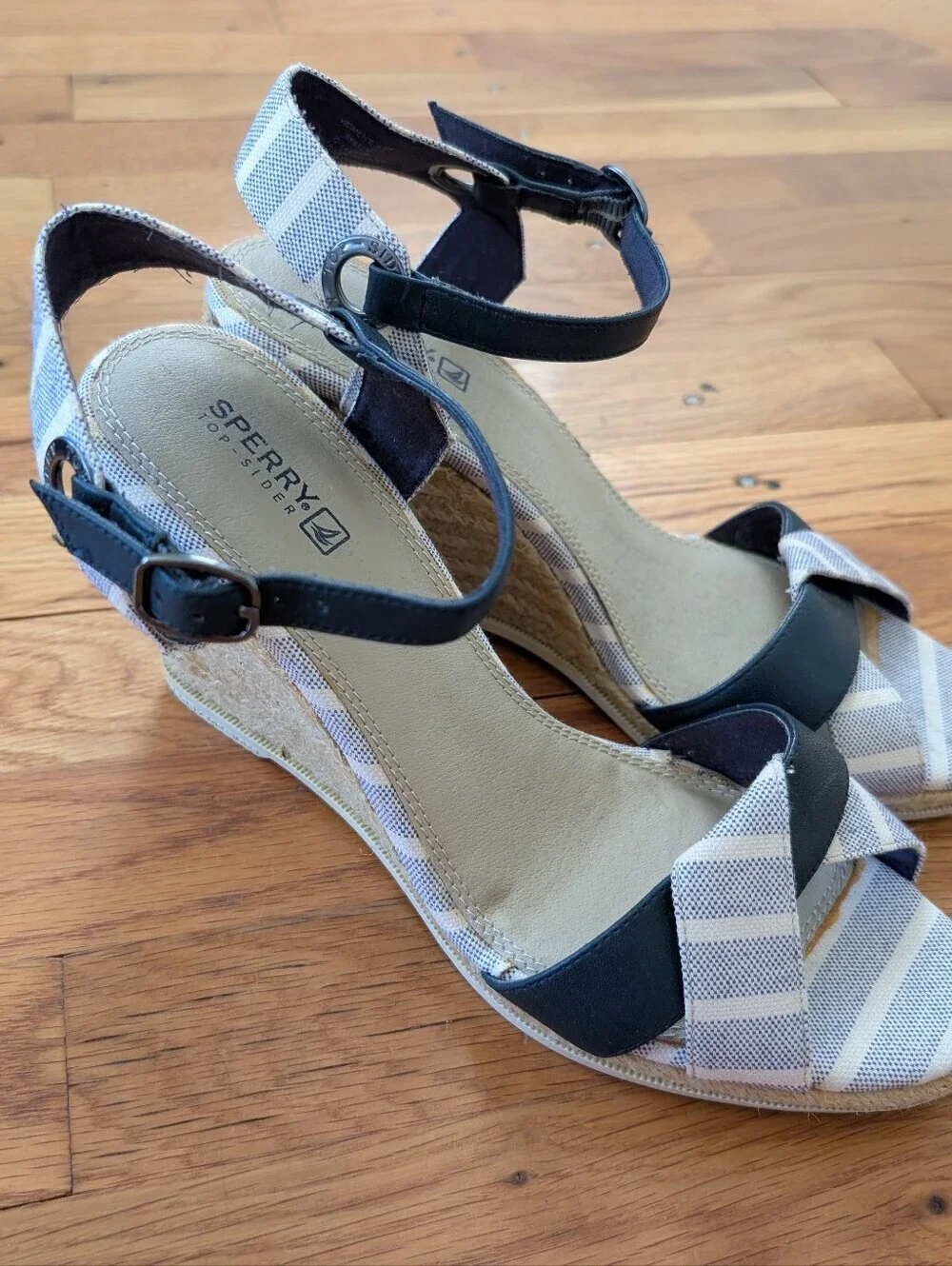 Sperry Valencia Blue & White Striped Canvas Wedge Sandals. - Picture 3 of 7
